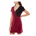 thumbnail image 3 of ULTRA FLIRT Womens Maroon Stretch Ruched Pleated Pullover Color Block Short Sleeve Surplice Neckline Short Faux Wrap Dress XS, 3 of 3