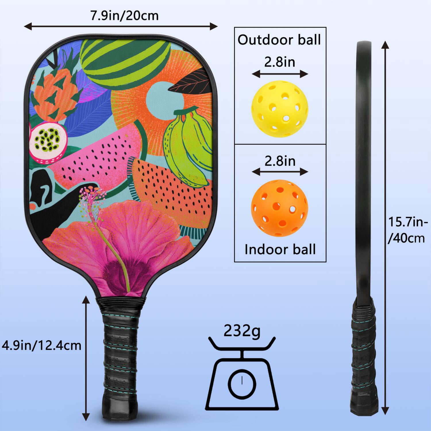 Pickleball Paddles Set Of 2, Fiberglass Surface, Tropical Jungle Print, 4 Balls & Bag