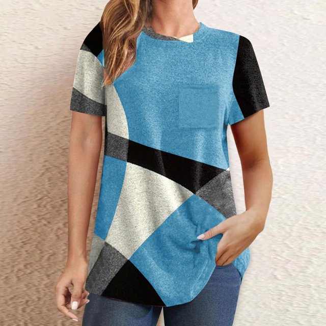 Soki Hauts pour Femmes Manches Courtes Col Rond Été Ample Imprimé Géométrique Blouse Chemise Tees