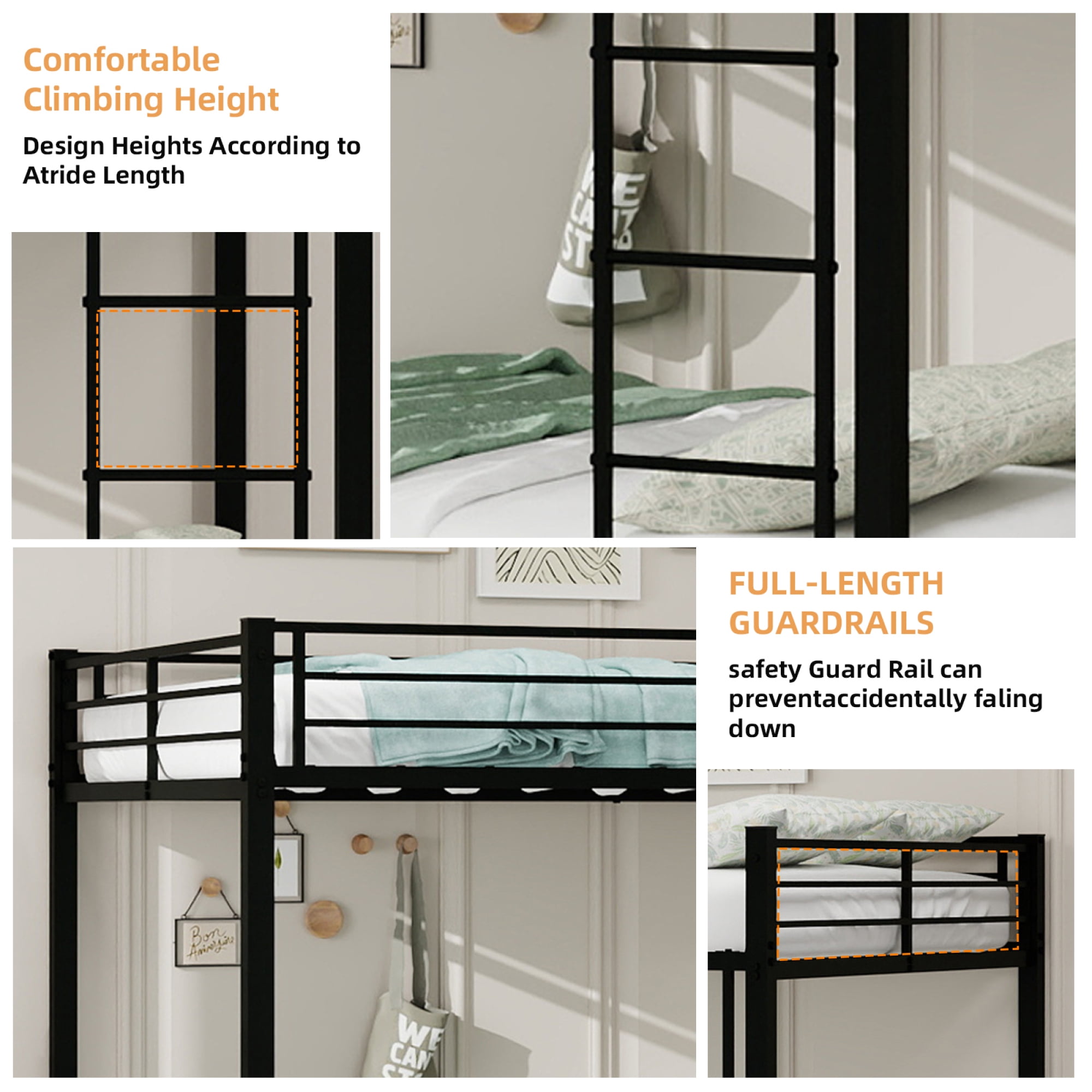 Leumius Triple Bunk Bed Full over Full with Trundle, Convertible Metal Bunk Bed Frame with Ladder & Safety Guardrail, Space-Saving for Teens and Adults,Black