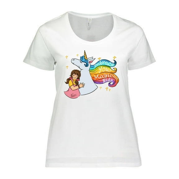 Inktastic Embrace Your Magical Side Girl Hugging a Unicorn Women's Plus Size T-Shirt