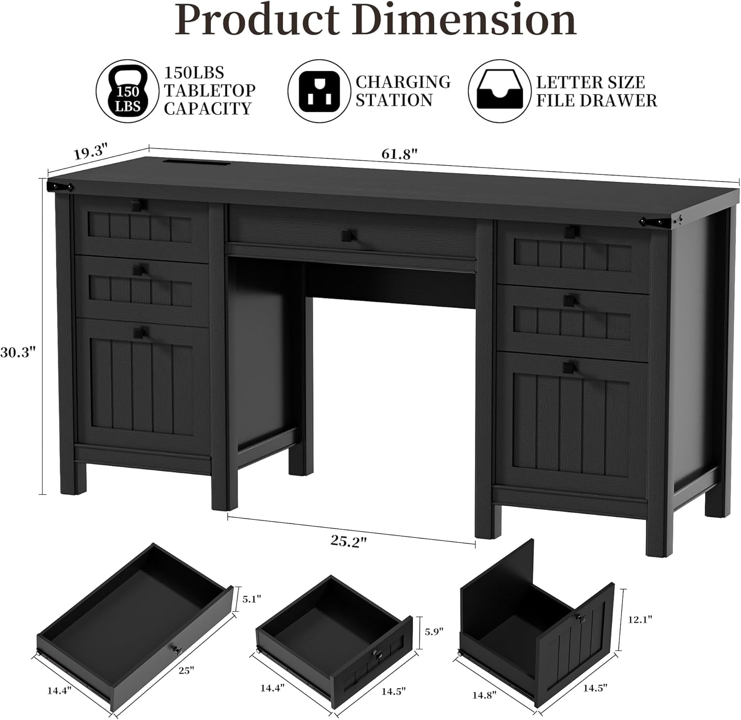 FIAKOA 62" Executive Desk, Modern Farmhouse Computer Desk with Drawers & Cabinet,Home Office Desk Writing Workspace for Work Study,Black