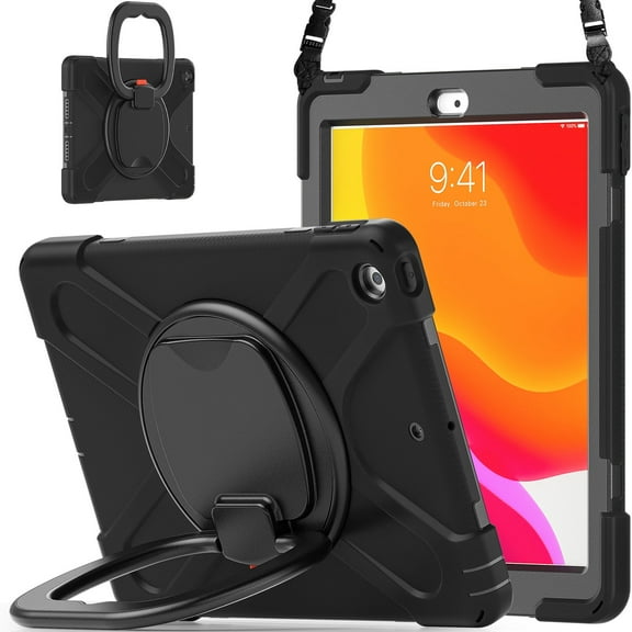 XYX Case for iPad 9th/8th/7th Gen 10.2 inch 2021/2020/2019, 360 Degree Rotating Hand Grip Shockproof Cover with Shoulder Strap, Black