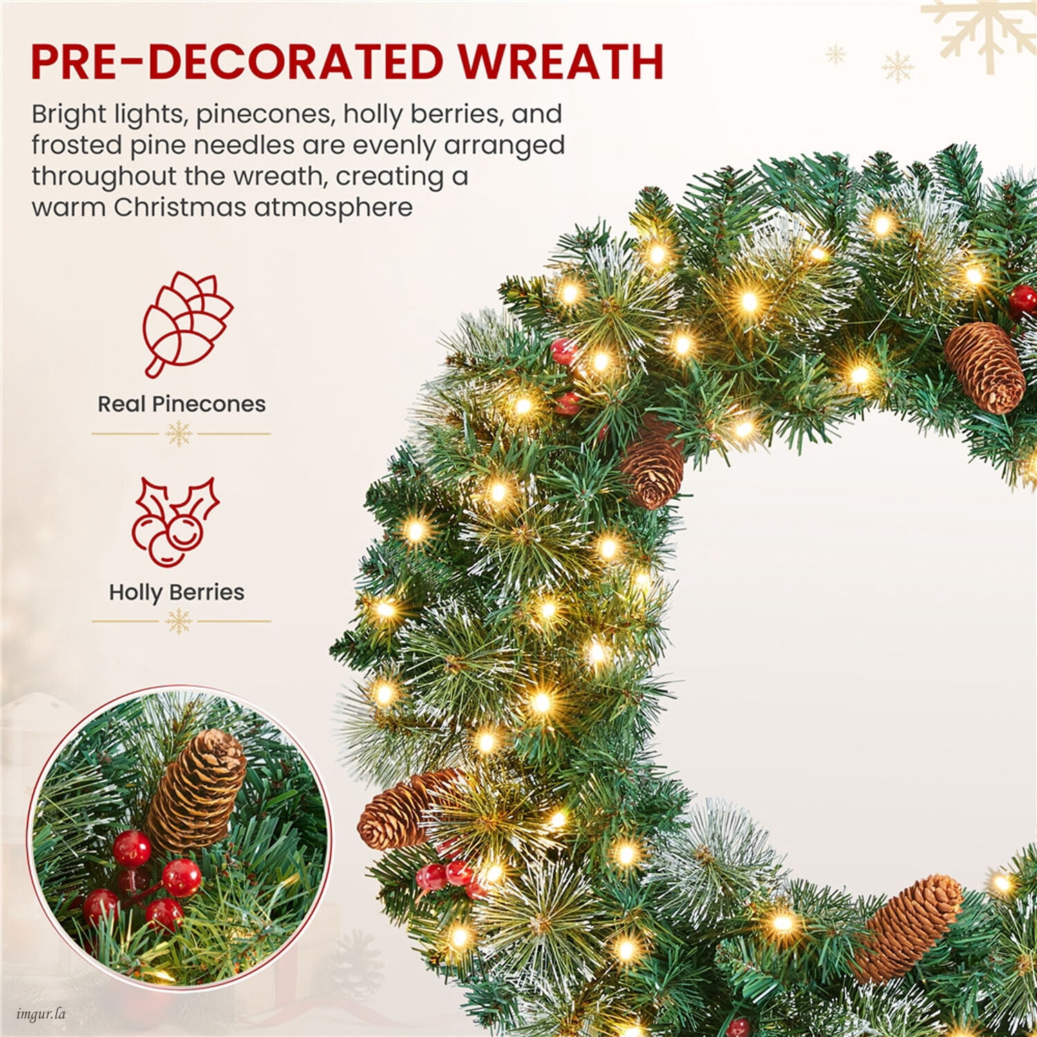 Alden Design 24 inch Artificial Pre-lit Frosted Christmas Wreath with Bowknot & Pinecones & Holly Berries & LED Lights, Green