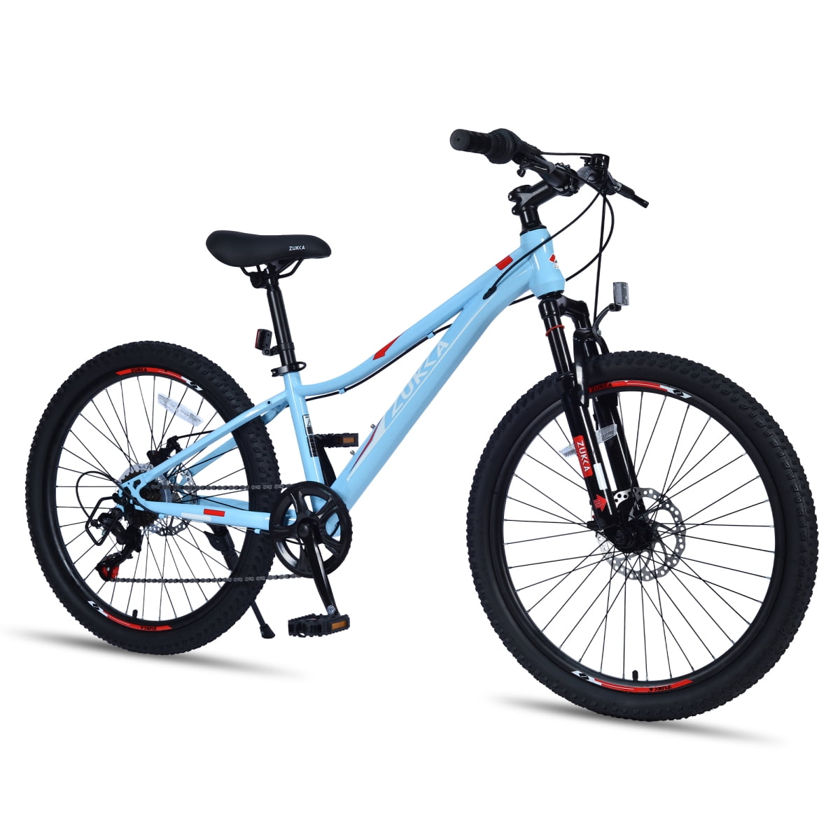 LuckyNote 24 Inch 6-Speed Mountain Bike, Steel Frame, Front & Rear Disc Brakes, Suspension Fork, Blue