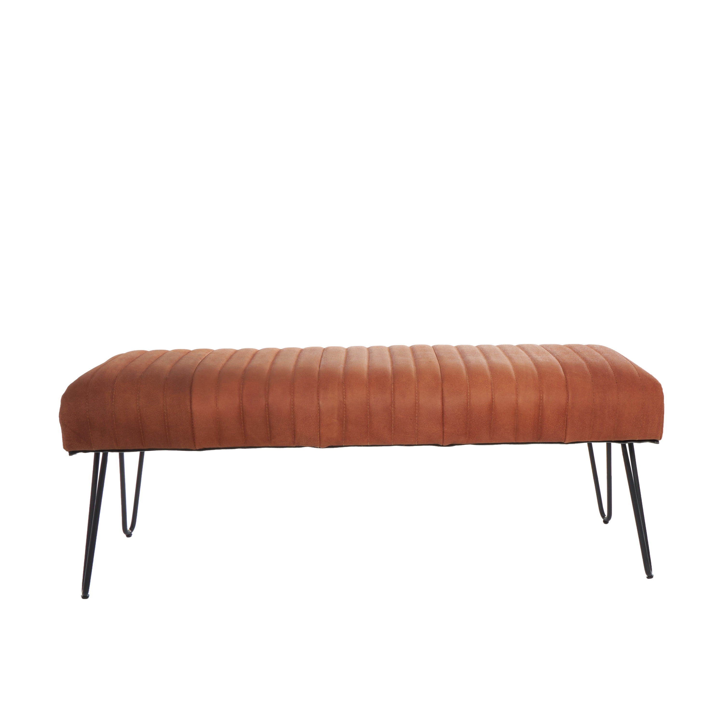 DecMode Leather Upholstered Bench with Linear Tufted Panels and Black Metal Hairpin Legs, Brown