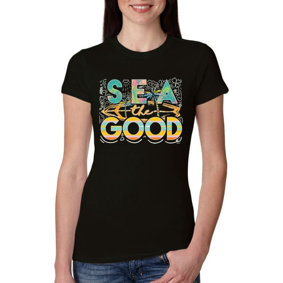 Wild Bobby Sea The Good Surfboard Sun Rise Good Vibes Nature Lover Women Slim Fit Junior Tee, Black, Small