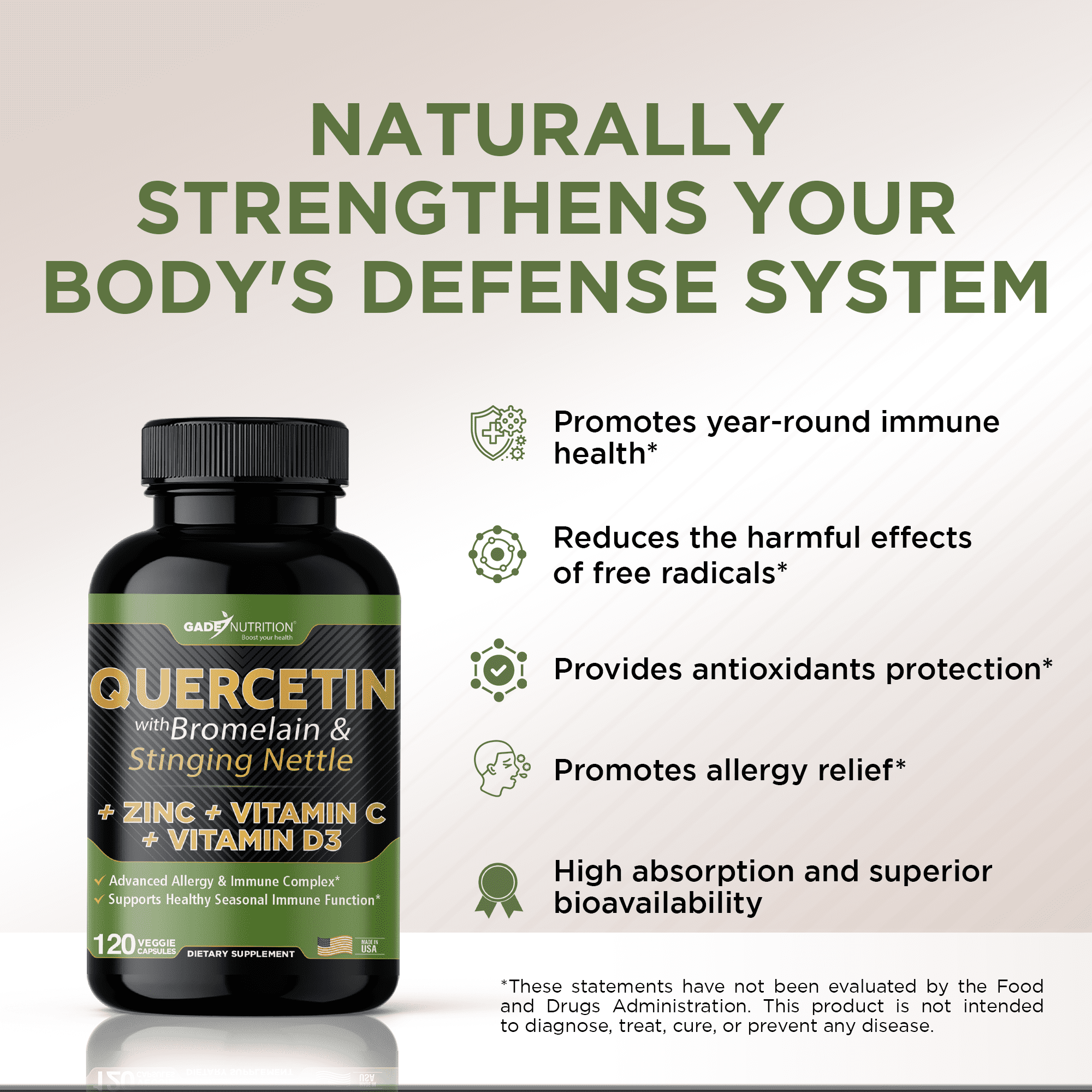 Gade Nutrition Quercetin with Bromelain, Vitamin D, Vitamin C, and Zinc & Stinging Nettle - 240 Veggie Caps - 4 Month Supply