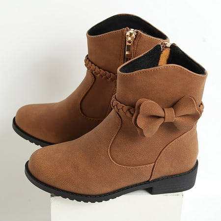 

haxmnou girls bow decor braided detail zip side western boots kids ankle boots girls low heel riding booties with zipper brown