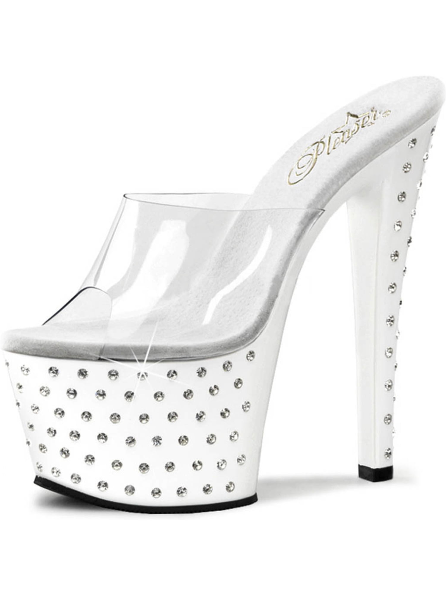 Pleaser - Soft White High Heels with Clear Rhinestone Encrusted in Base ...