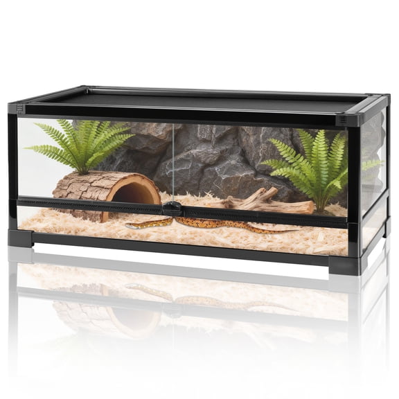 GuzzloTempered Glass Reptile Tank, 30x12x12 Inch Front Opening Terrarium with Top Screen Ventilation & Water-Holding Bottom, Black