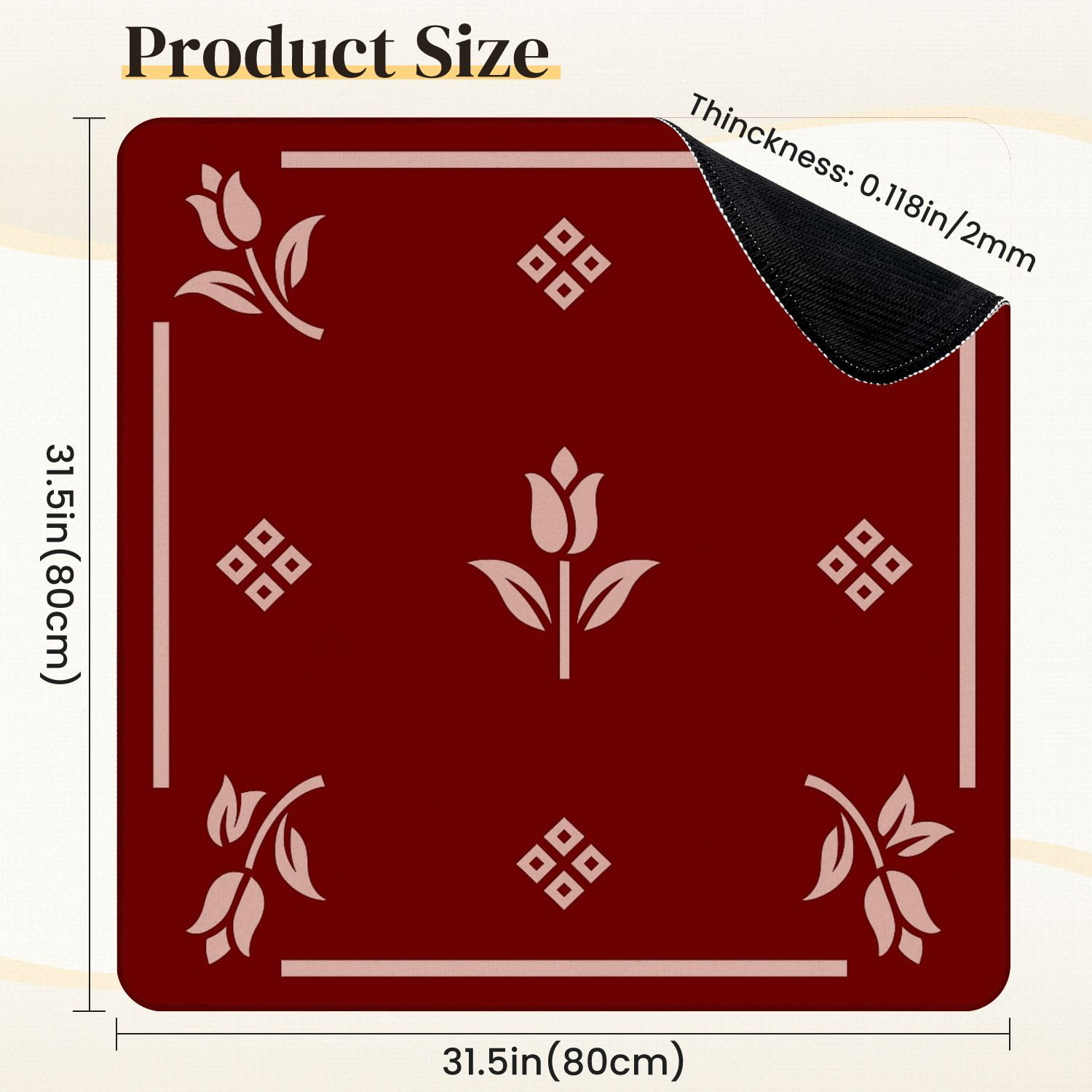 Mahjong Mat 31.5" x 31.5" Elegant Floral Tulip Motif Deep Red Anti-Slip and Noise Reduction Symmetry Design Mahjong Tiles Table Cover for Dominoes Poker Card Board and Tile Games