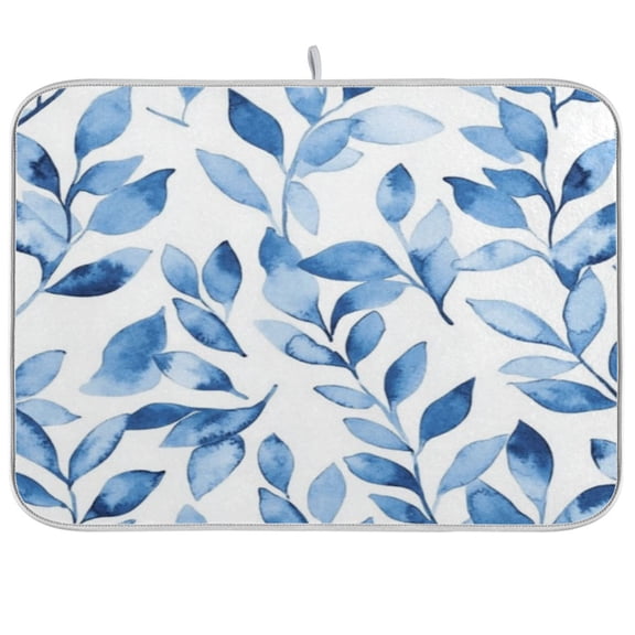Blue Watercolor Floral Leaves Dish Drying Mat Kitchen Mats Microfiber Counter Absorbent Dish Pad Drainer Rack