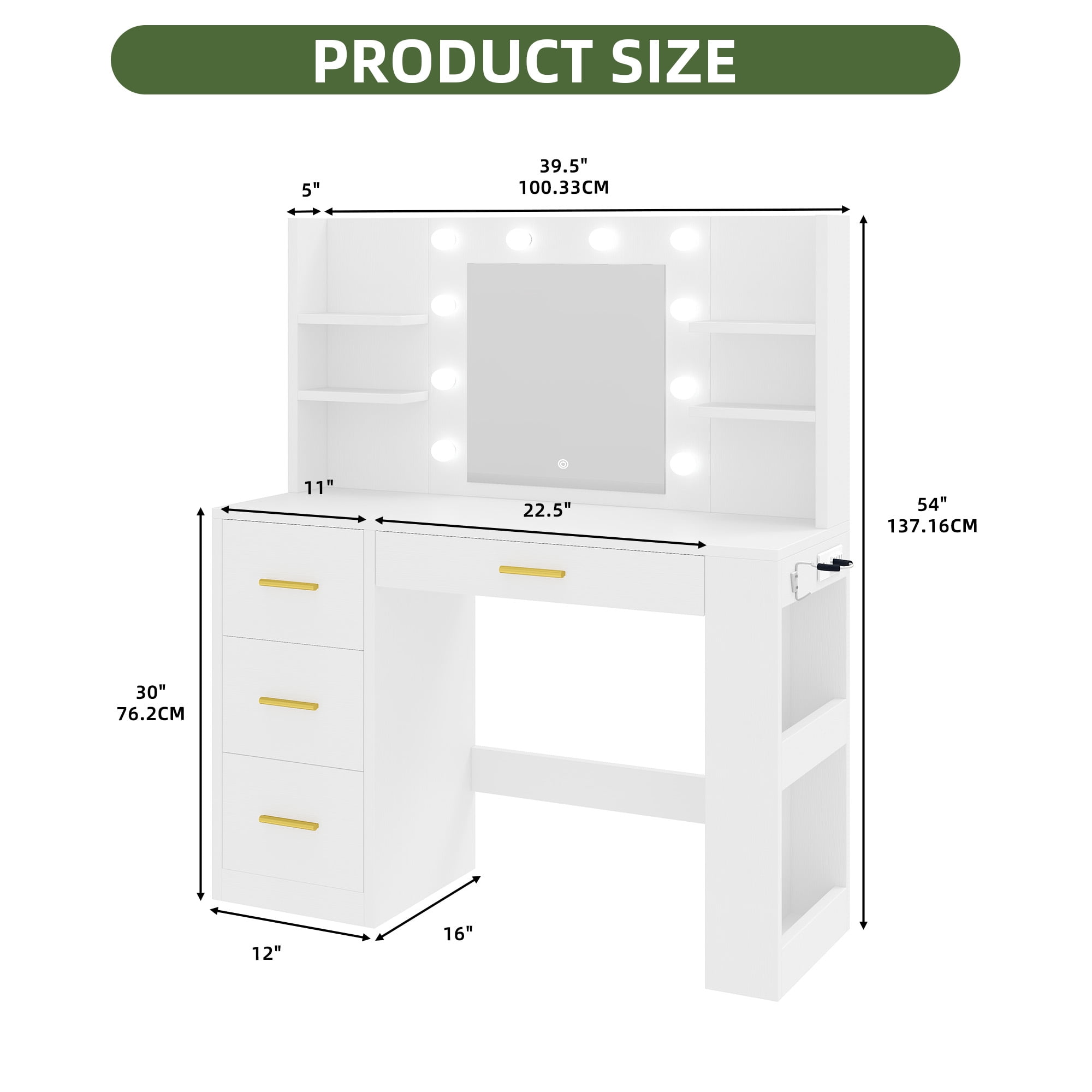 Uforic Makeup Vanity Desk with Mirror & 10 Lights, Vanity Desk with Power Outlet, 4 Drawers & 8 Storage Shelves - White