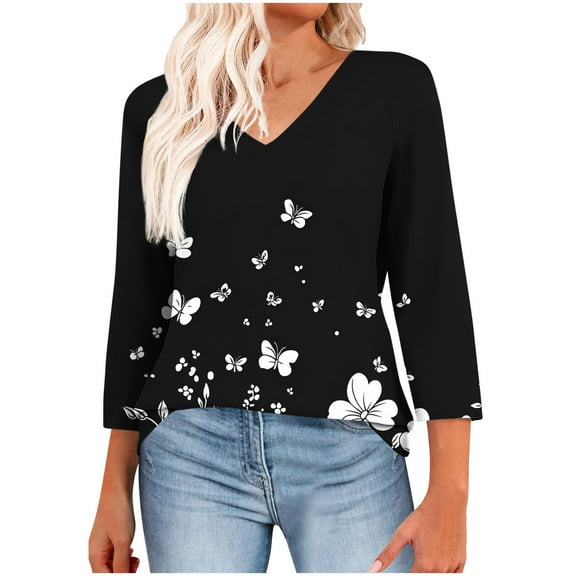 Jsaierl 3/4 Sleeve Womens Tops Plus Size V Neck Shirts Trendy Graphic Petite Blouses Flowy Vacation Tunics Raglan Top S-3XL
