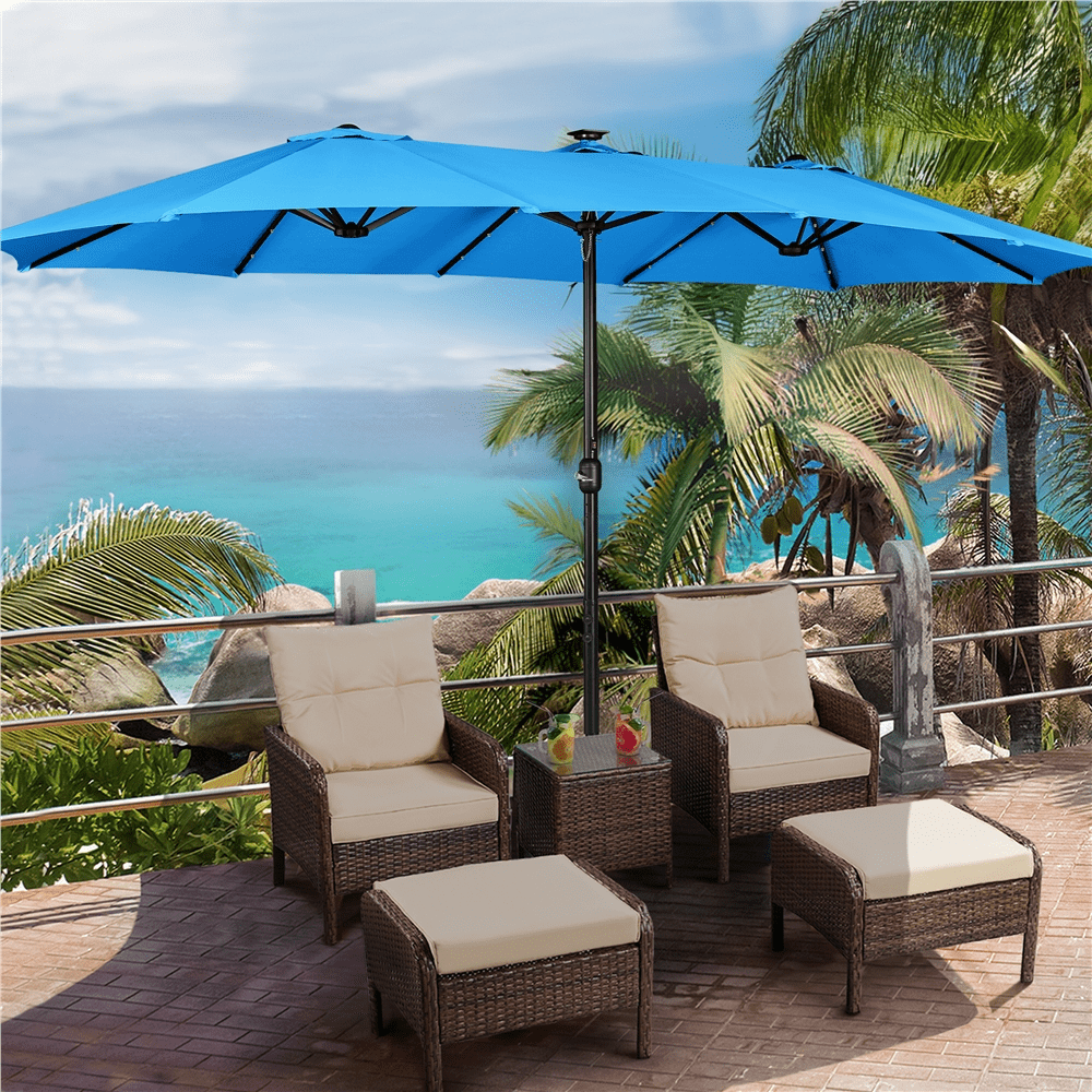 Renwick 15 ft Twin Patio Parasol Umbrella with Base & LED Lights, Sky Blue
