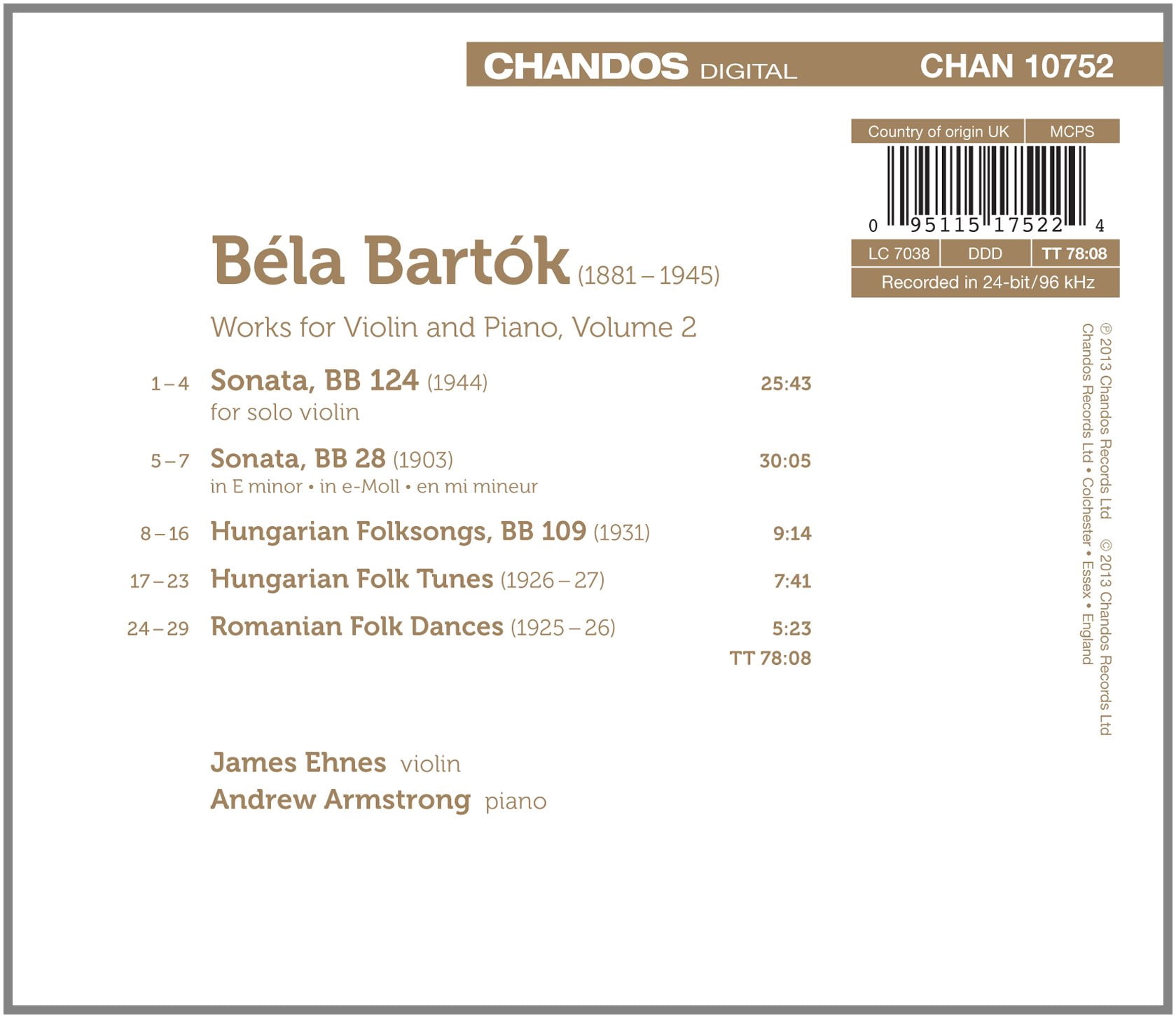 James Ehnes - Works for Violin & Piano Sonatas & Folk Dances - Music & Performance - CD