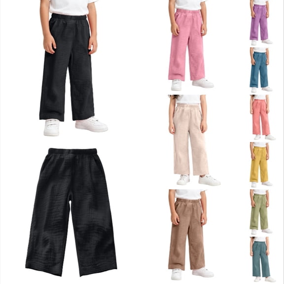 Krdevn Kids' Solid Color Cotton Gauze Pants, Elastic Waist Loose Wide Leg Summer Pants,Black