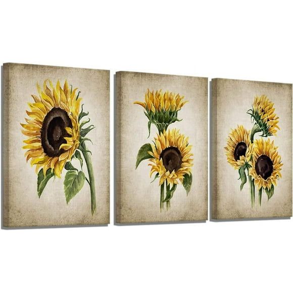 Sunflower Kitchen Decor Simple Life Rustic Wall Decor Vintage Watercolor Sunflower Wall Pictures for Bedroom 3 Pieces Canvas Wall Art Flower Painting Kitchen Wall Decor for Women Gallery Wrapped
