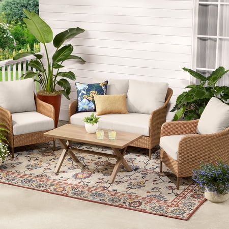 Mainstays Chelsea Outdoor Patio Steel 4-Pieces Deeping Seating Set with Beige Cushions