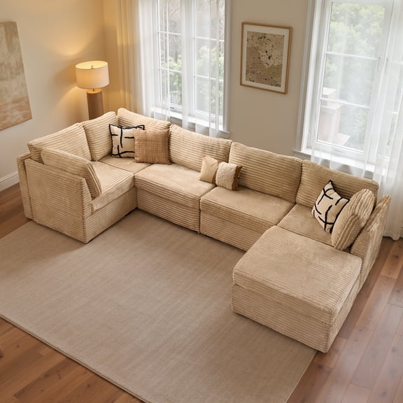 Ovios 127" U-Shaped Sectional Sofa, Oversized Deep Seat Corduroy Modular Couch with Ottoman for Living Room, Beige