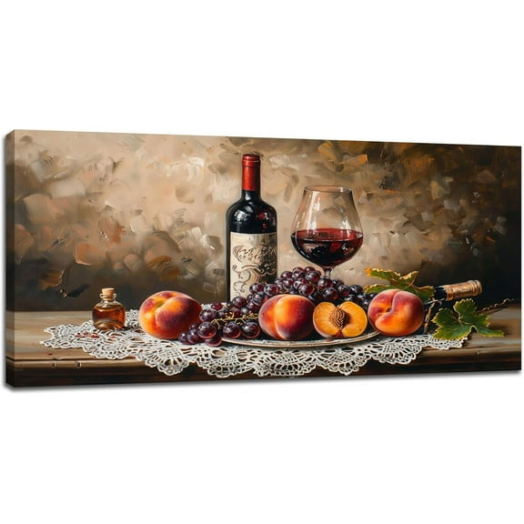 VELVET Wine Extra Large Wall Art Grape Peaches Canvas Living Room Kitchen Pictures Prints Fruits Vintage Wall Decor Painting Artwork for Bedroom Dining Office 16x12inch Framed