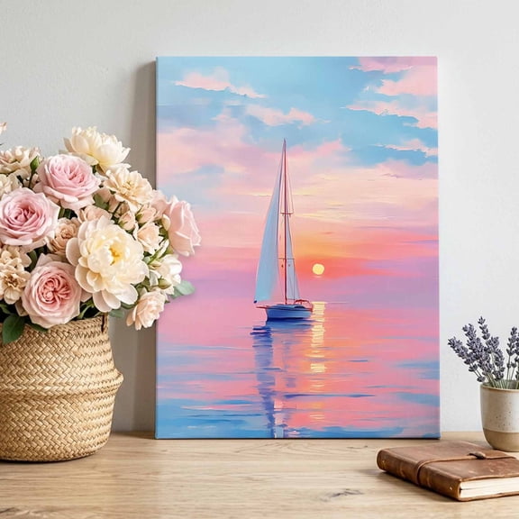 Canvas Wall Art Sailboat Canvas Art Print Ocean Sunset Horizon Coastal Nautical Pictures Wall Decor for Living Room Bedroom Artwork Decorations Stretched Framed Ready to Hang 12"x16"