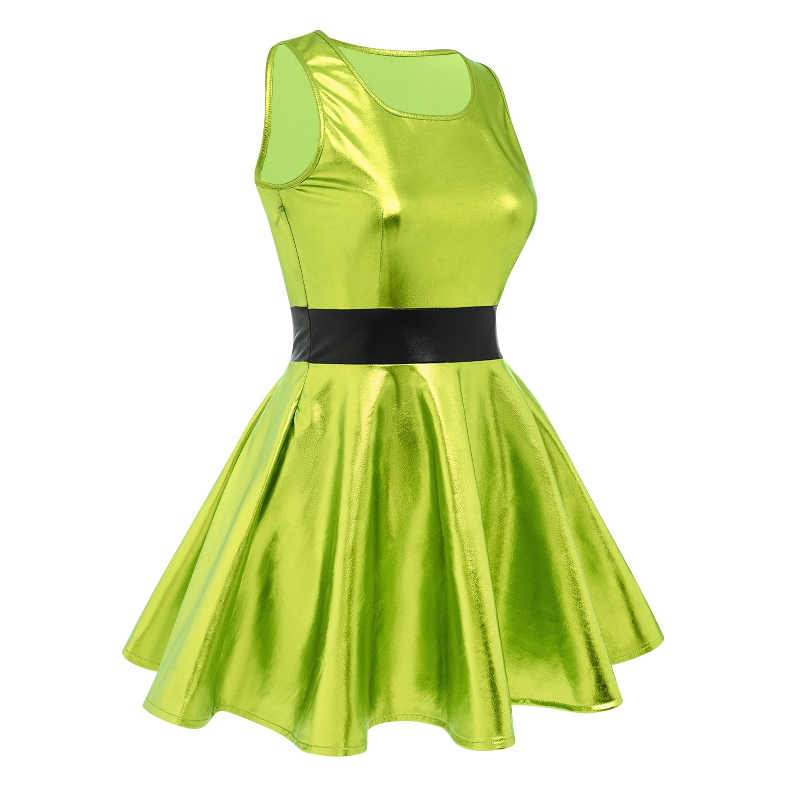 IBTOM CASTLE Women's Shiny Metallic Dress Sexy Sleeveless Mini Skater Dress Holographic Party Rave Dance Clubwear Anime Cosplay Halloween Clothes XXL Green