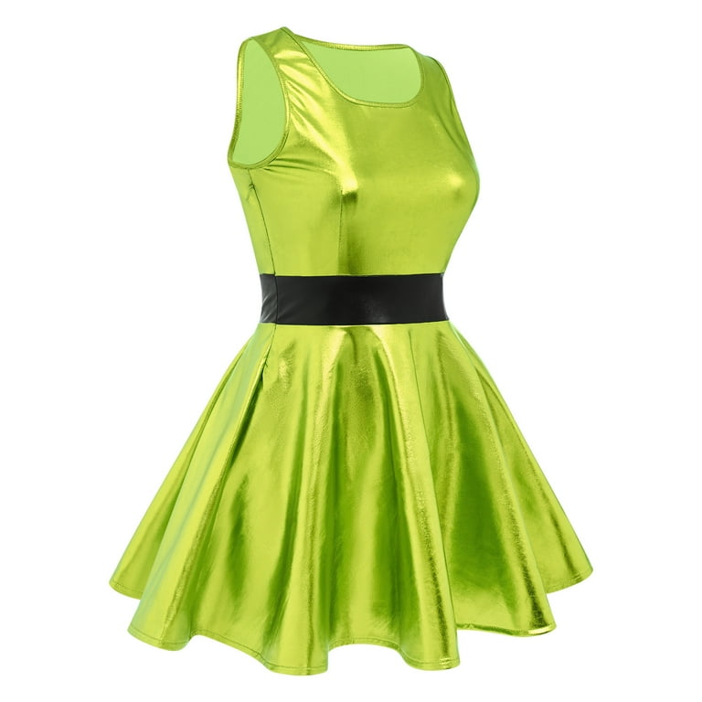 IBTOM CASTLE Women's Shiny Metallic Dress Sexy Sleeveless Mini Skater Dress  Holographic Party Rave Dance Clubwear Anime Cosplay Halloween Clothes M  Green - Walmart.com