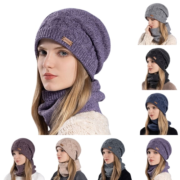 Womens Mens Winter Beenie Hats Scarf Set Warm Baggy Knit Skulls Caps Neck Warmer With Fleeces Lined Cold Weather Hat For Adults