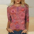 thumbnail image 2 of CYMMPU Spring Tops Round Neck Tunic Tops Summer Fashion Shirts Blouses for Women Dressy Casual Loose Fit Flower Pattern 3/4 Sleeve Lightweight Basic T-Shirts Red L, 2 of 5