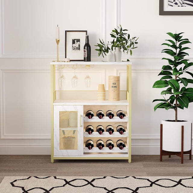 3 Tier Wine & Coffee Bar Cabinet with LED Light – Adjustable Shelves, Mesh Door, Glass Holder, Drawer – Industrial Buffet Sideboard, Mini Liquor Cabinet for Home, Kitchen, Dining, Living