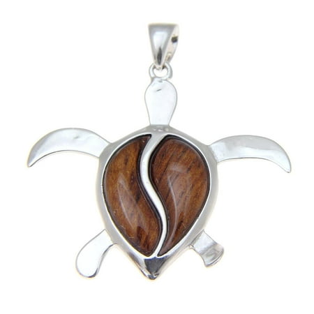 Koa Sea Turtle - Genuine Hawaiian koa wood 35mm honu sea turtle pendant 925 sterling silver