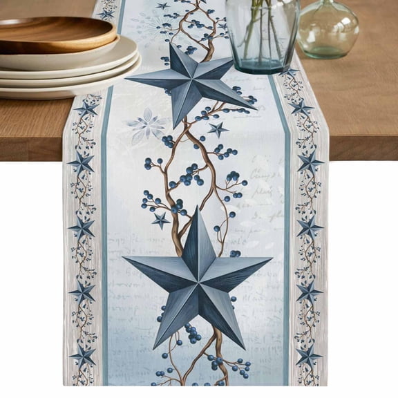 Country Star Blue Cotton Linen Table Runner for Dining Kitchen, Farmhouse Vintage Branches Wooden Wedding Outdoor Party Tablerunners Decoration, Dresser Scarf Coffee Tablecloth Runners 13x48 Inches