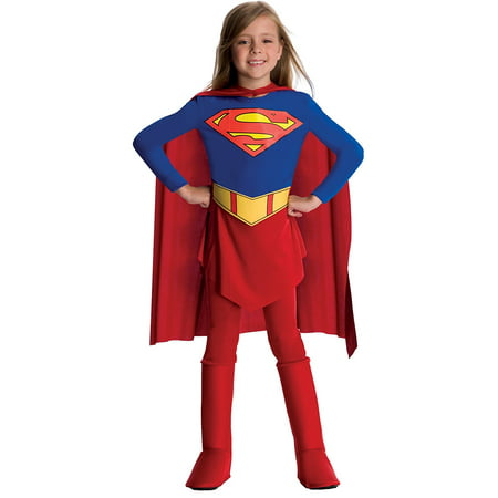 Supergirl Child Costume - Small, Children's Supergirl costume includes jumpsuit with attached skirt and attached boot-tops as well as cape and belt By