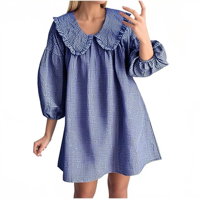 Vestido de Camisa en Cuadro para las Mujeres 3/4 Manga Puff Muñeca Collar Suelto Mini Vestido, Poliéster Spandex