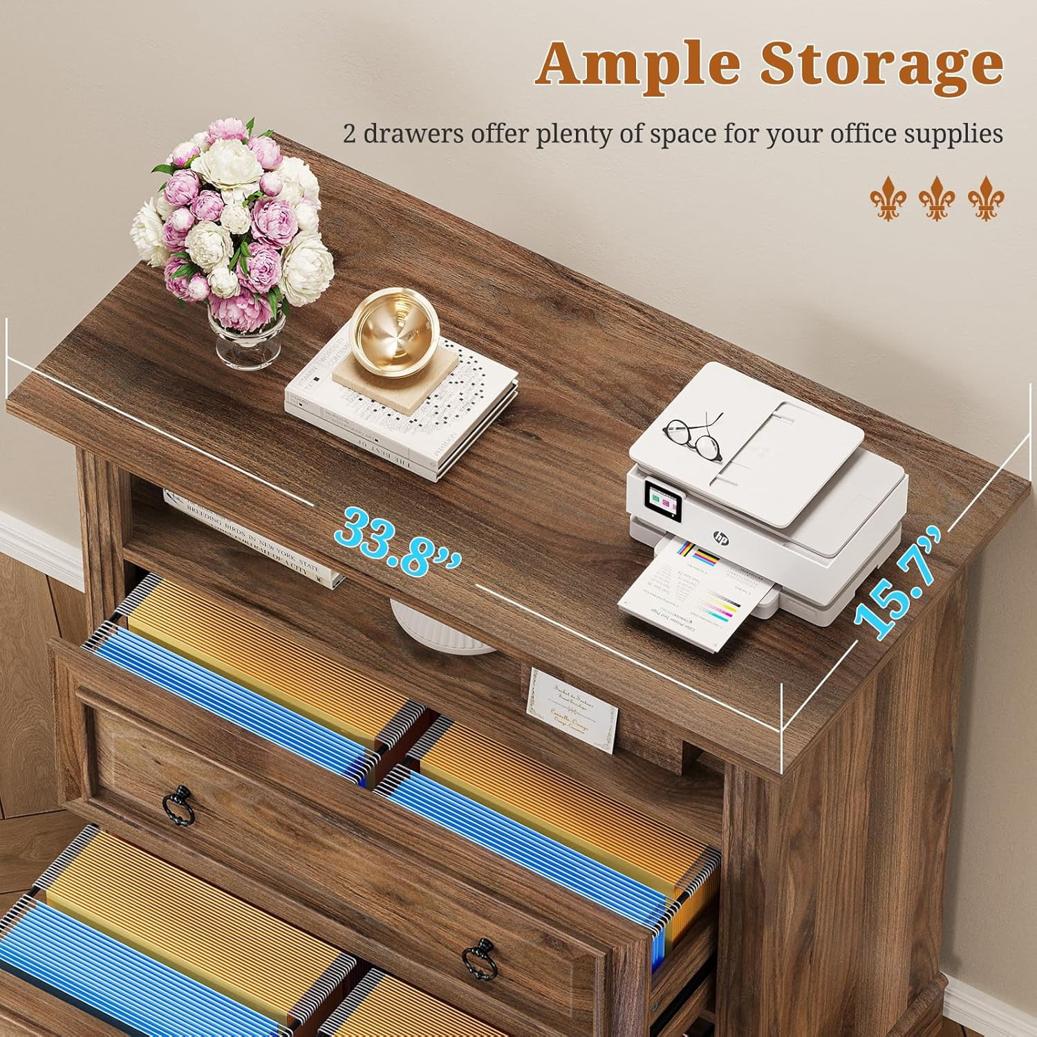 2 Drawer File Cabinet, Farmhouse Filing Cabinet for Home Office Fits Letter, Legal, A4 Size, Wood Lateral File Cabinet with Printer Stand, Storage Shelf, Brown