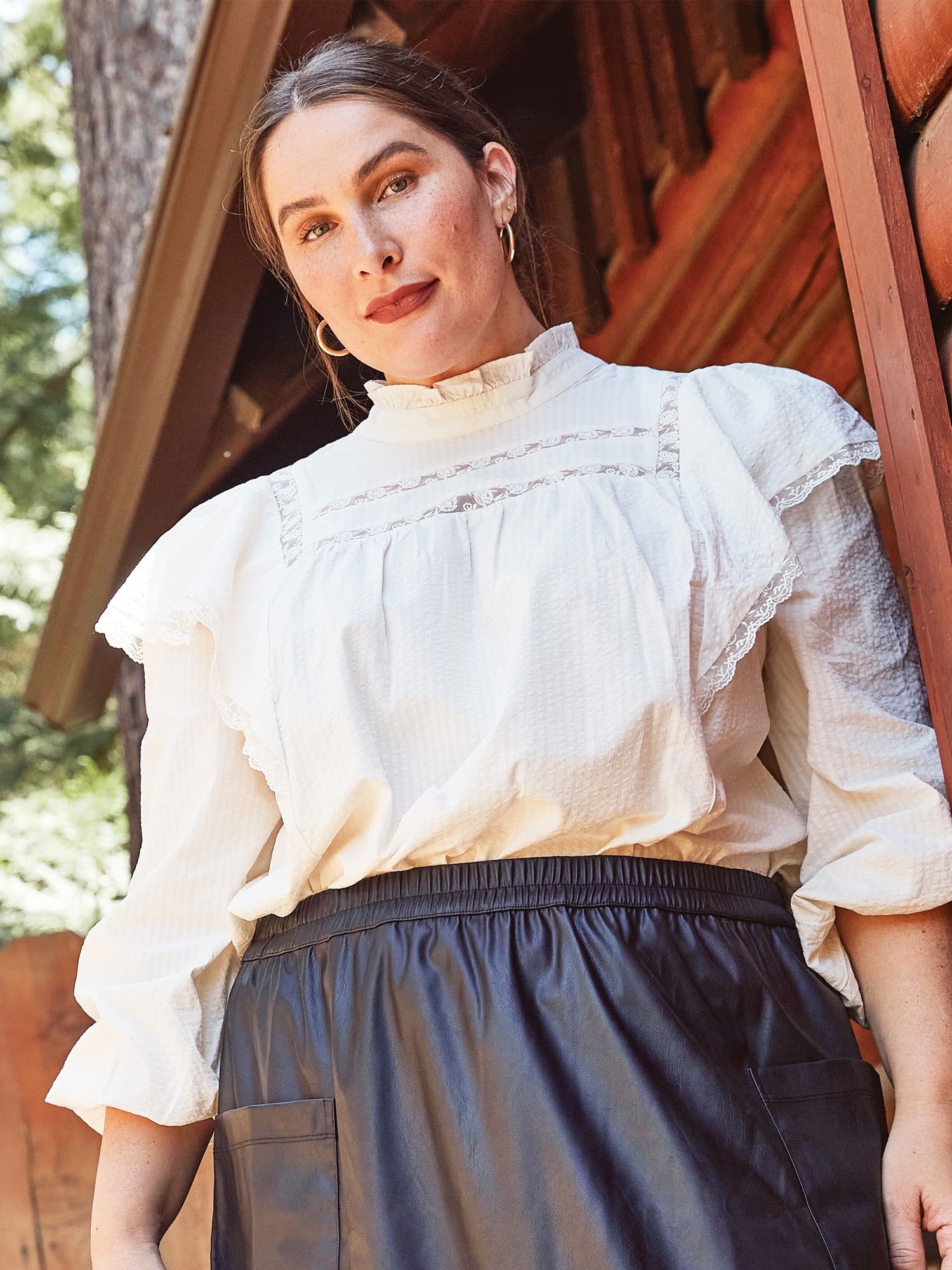 The Get Women's Plus Size Lace Trim Top with Long Sleeves