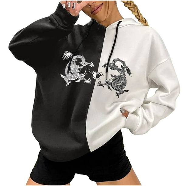 Jersey de otoño e invierno para mujer, con capucha, estilo punk oscuro, estampado, costura, manga larga, fino, suelto, informal, con cuello encapuchado, suéter, abrigo Pompotops FGAJ16701