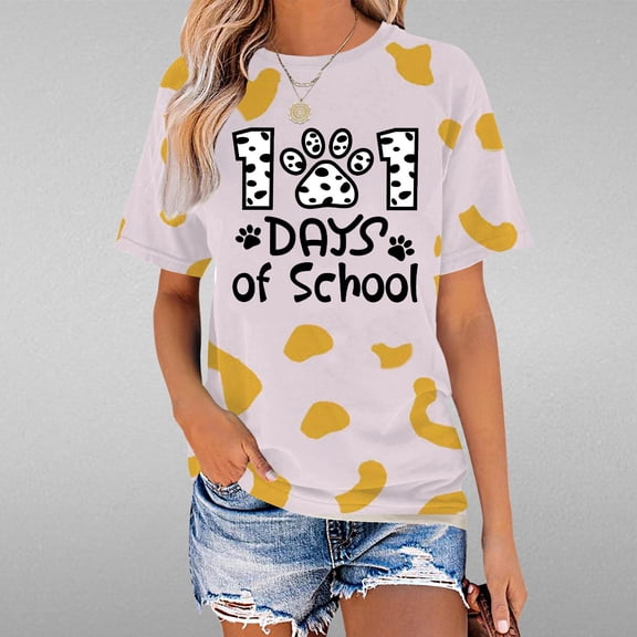 Lilgiuy 101 Days of School Shirt Women Oversized Kindergarten Teacher Shirts 101 Days of School Celebration Gifts Fun Tee Tops for Teacher's Day (Gold,3XL)