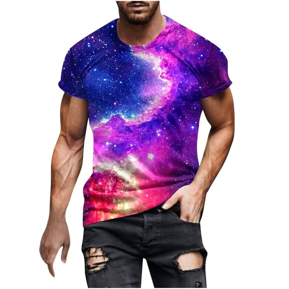 Crewneck Tunic Shirt for Men Starry Sky Print Short Sleeve Graphic Tops Men Tee Shirts Sale
