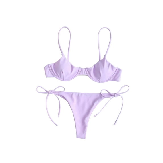 Gureui 2Pcs Women Split Swimsuit Set, Solid Color/Printed Sexy Low Cut V-neck Sleeveless Bikini + Lace Up Panties Beach Wear