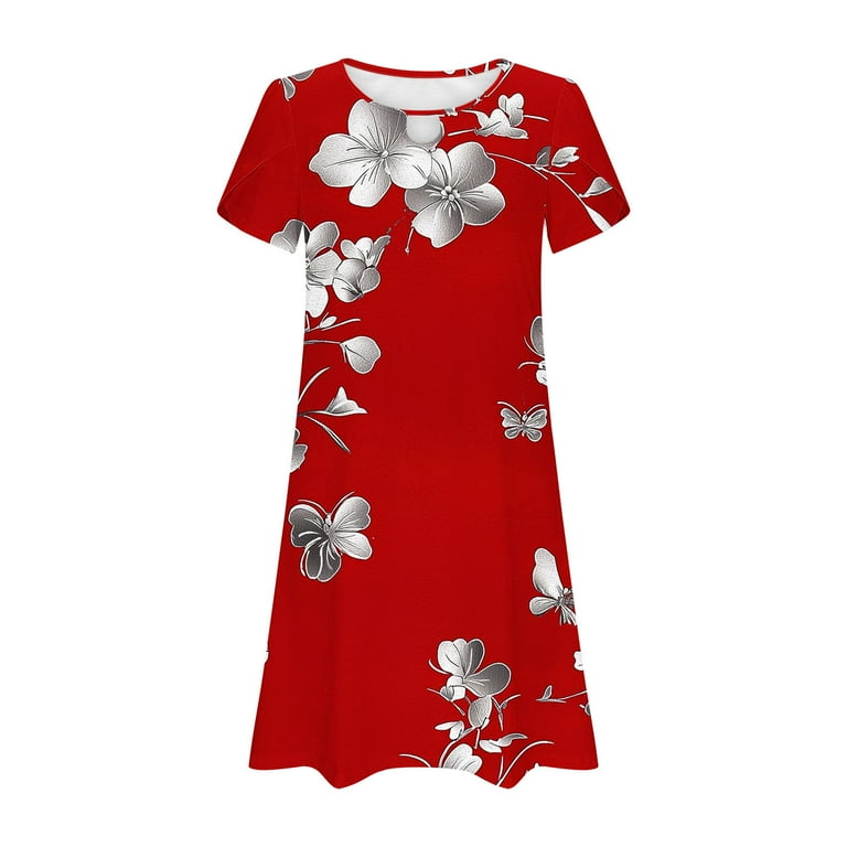 DEUUZHENQI Women's Casual A-Line Dresses with Pockets Summer Floral Tshirt Dress Short Sleeve Mini Dress Flowy Sundresses, Limited Time Under 10