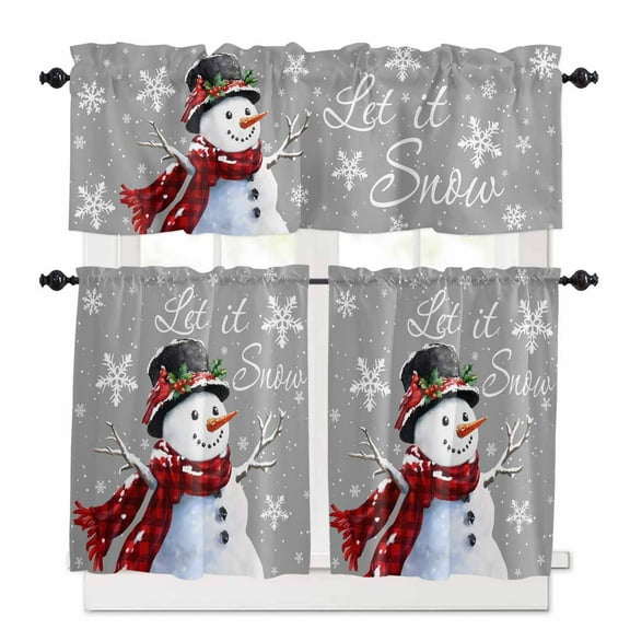 Christmas Snowman Kitchen Curtains and Valances Set, Snowflake Berry Winter Grey Background Rod Pocket Window Valance Window Curtain Panels for Living Room Bedroom Laundry, 27.5x36in, 3 Pieces
