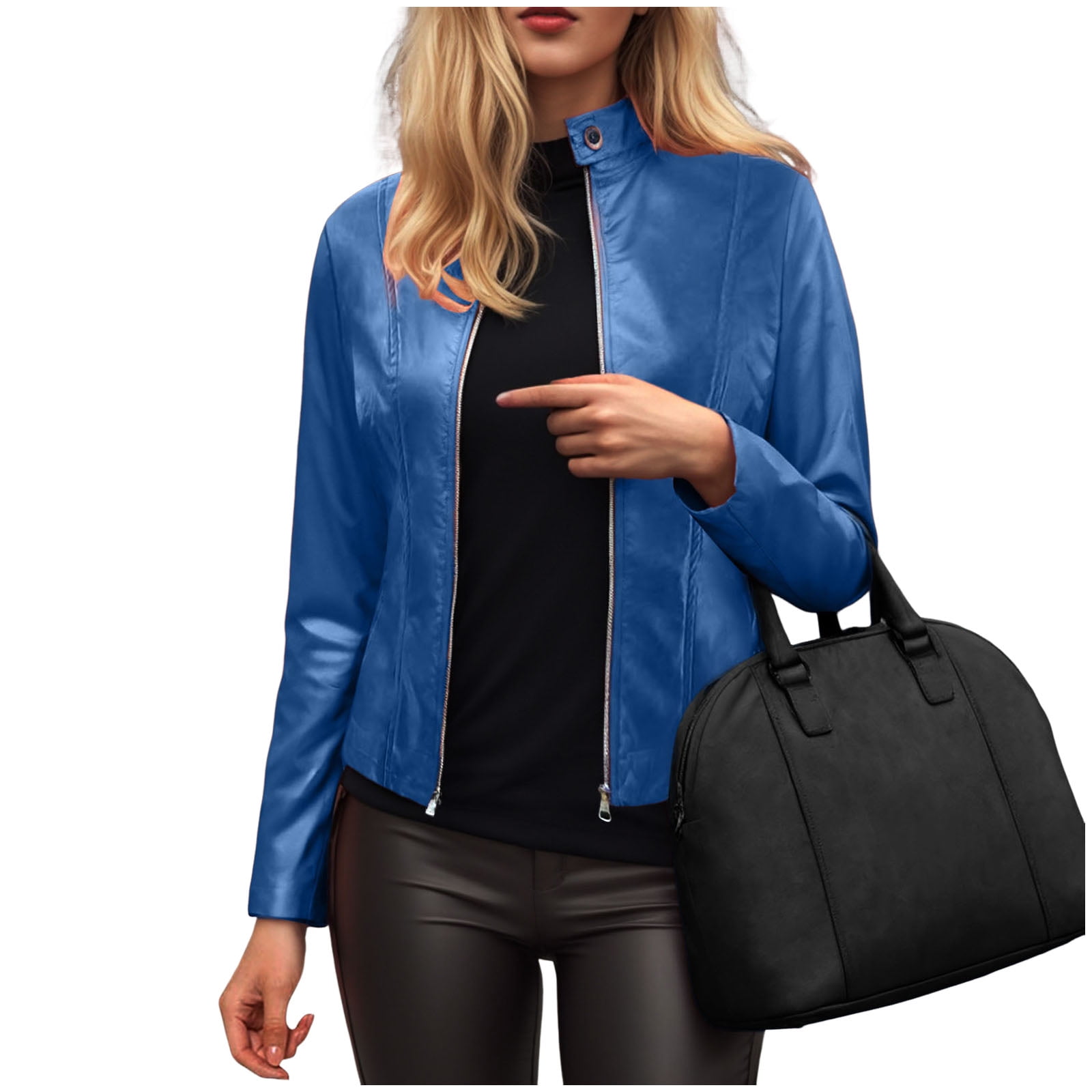 GEWSEY Womens Faux Leather Long Sleeve Jackets Quilted Moto Outwear Slim Lapel Coats (Blue, S)