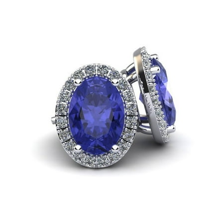 2 Carat Oval Shape Tanzanite and Halo Diamond Stud Earrings In 14 Karat White Gold