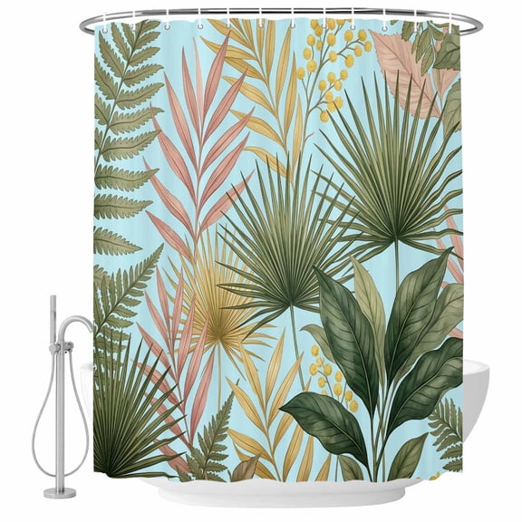 Summer Tropical Shower Curtain Set - Long 72" x 84" Washable Bathtub Curtain with 12 Hooks, Watercolor Botanical Palm Leaves Blue Waterproof Fabric Stall Shower Curtains for Bathroom/Bathtub Décor