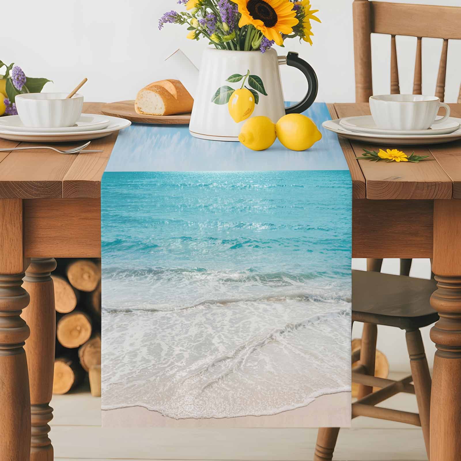 Summer Beach Blue Ocean Waves Table Runner 90 Inches Long, Coastal Nautical Style Table Runners Tabletop Scarf Kitchen Dining Tables Decoration for Home Party Indoor Outdoor