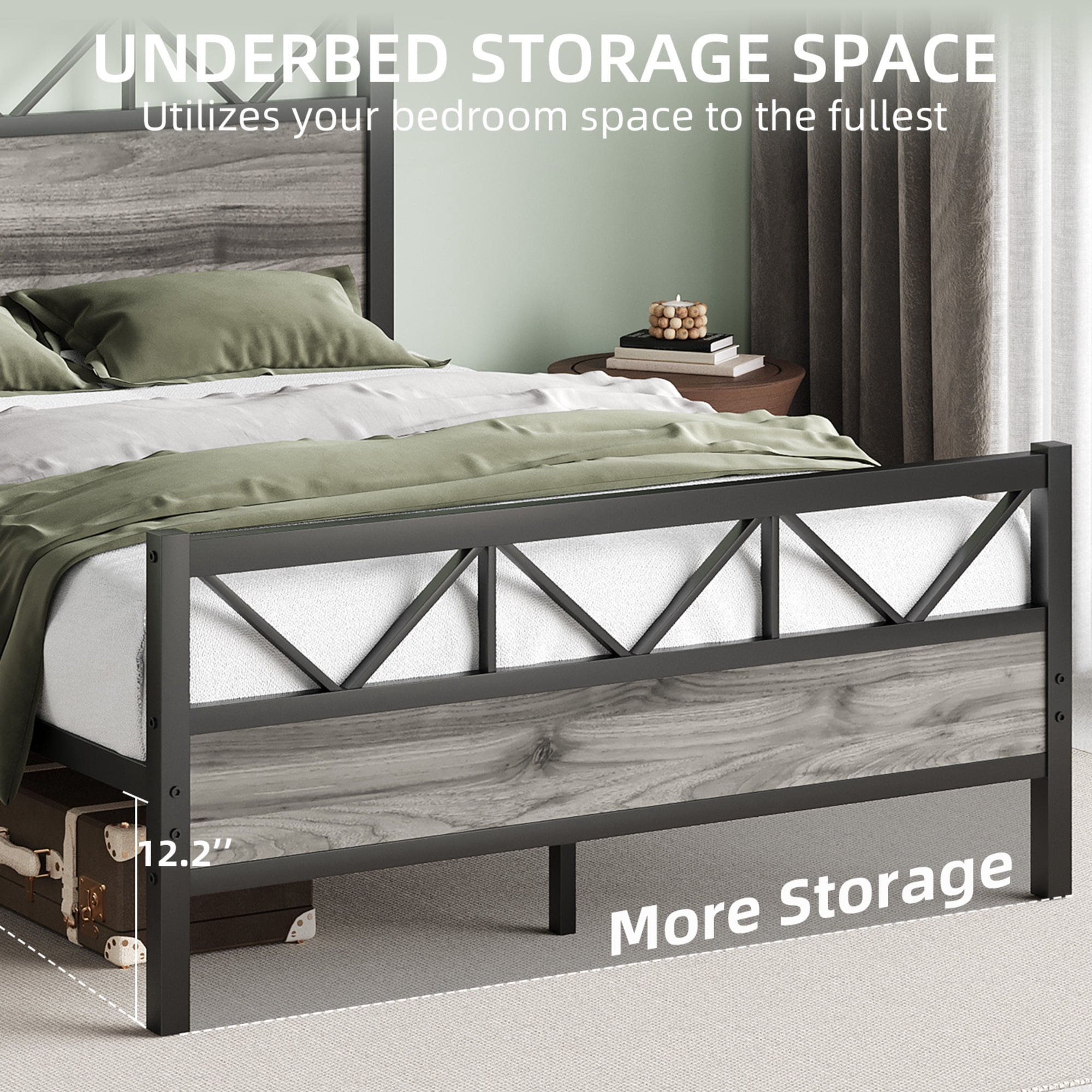 4 EVER WINNER 51.2" Twin Size Metal Platform Bed Frame with Vintage Style Headboard and Footboard/Mattress Foundation/Under Bed Storage/No Box Spring Needed/Easy Assembly/Noise Free/Wash Grey