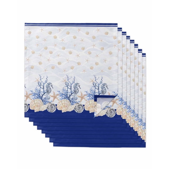 nqOlkjepod Blue Coastal Shell Cloth Napkins Set of 8 Reusable Dinner Napkins, Nautical Starfish Seahorse Conch Cocktail Napkin Washable Table Napkins for Wedding/Holiday Party/Baby Shower 20"x20"